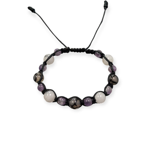 Amethyst, Clear Tourmaline, & Dragon Agate Macrame Bracelet