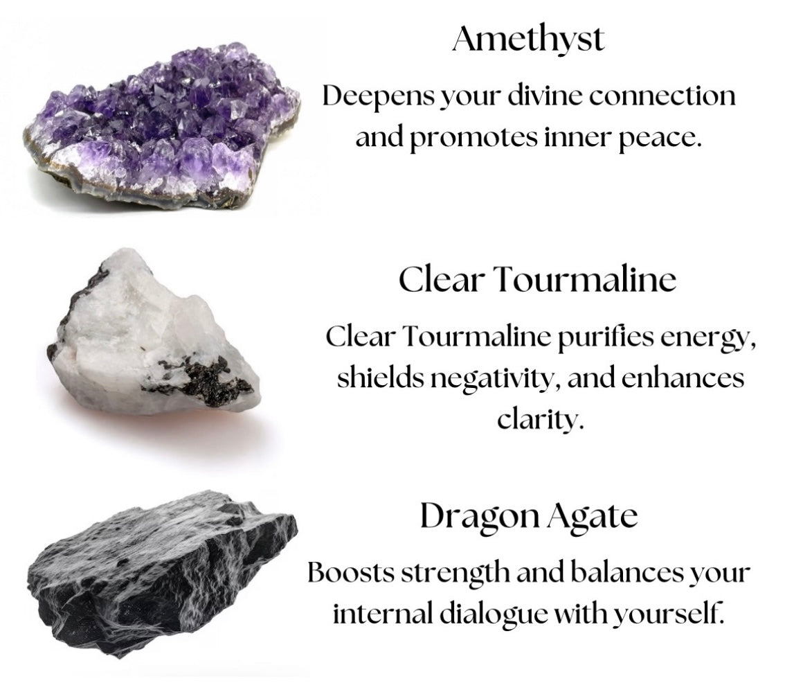 Amethyst, Clear Tourmaline, & Dragon Agate Macrame Bracelet