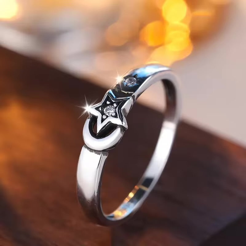 Star and Moon Sterling Silver Ring