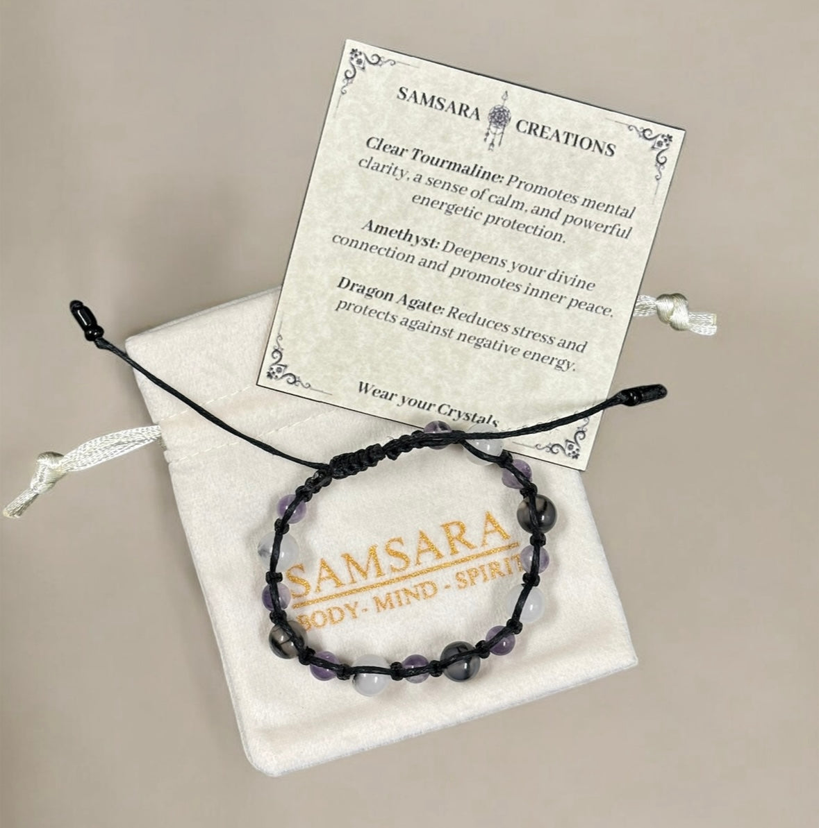 Amethyst, Clear Tourmaline, & Dragon Agate Macrame Bracelet