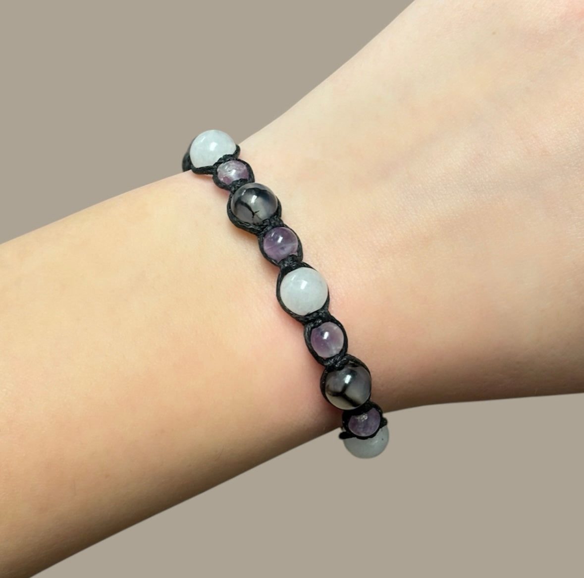 Amethyst, Clear Tourmaline, & Dragon Agate Macrame Bracelet