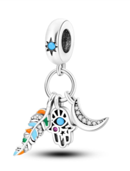 Feather Fatima Hand Moon Triple Charm