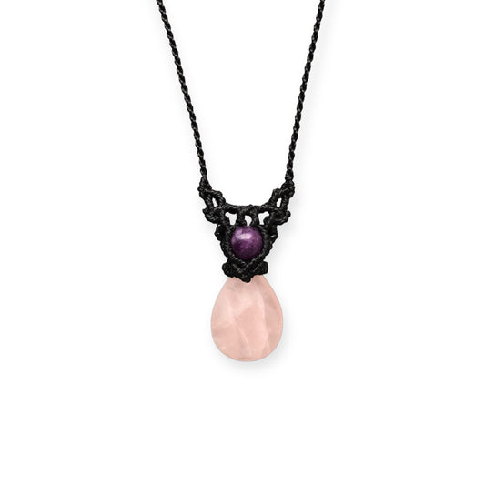 Rose Quartz & Amethyst Macrame Necklace