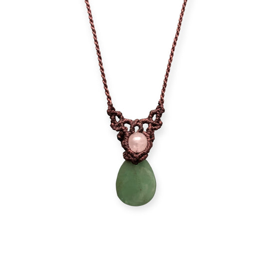 Aventurine & Rose Quartz Macrame Necklace Brown