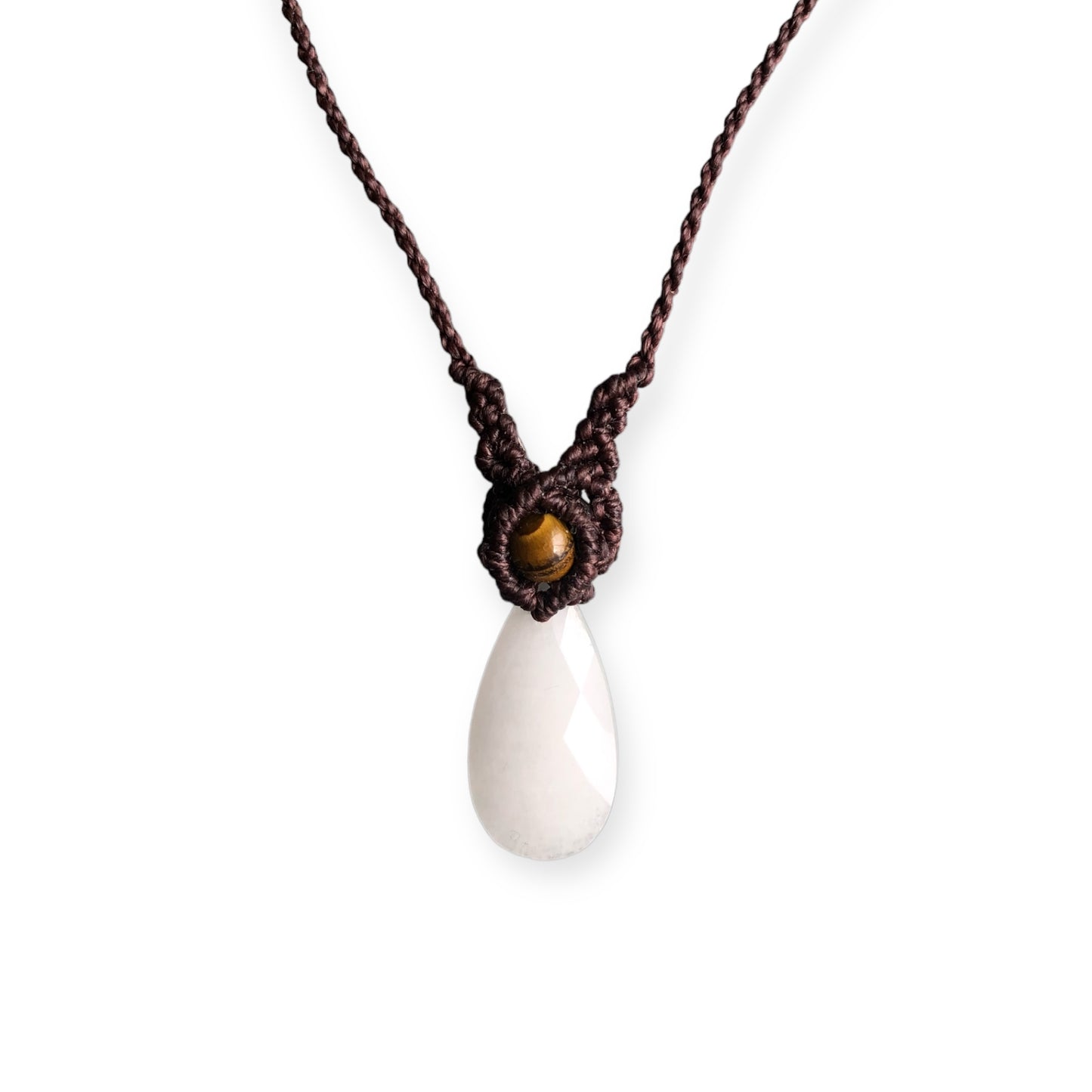 White Jade & Tiger Eye Macrame Necklace Brown