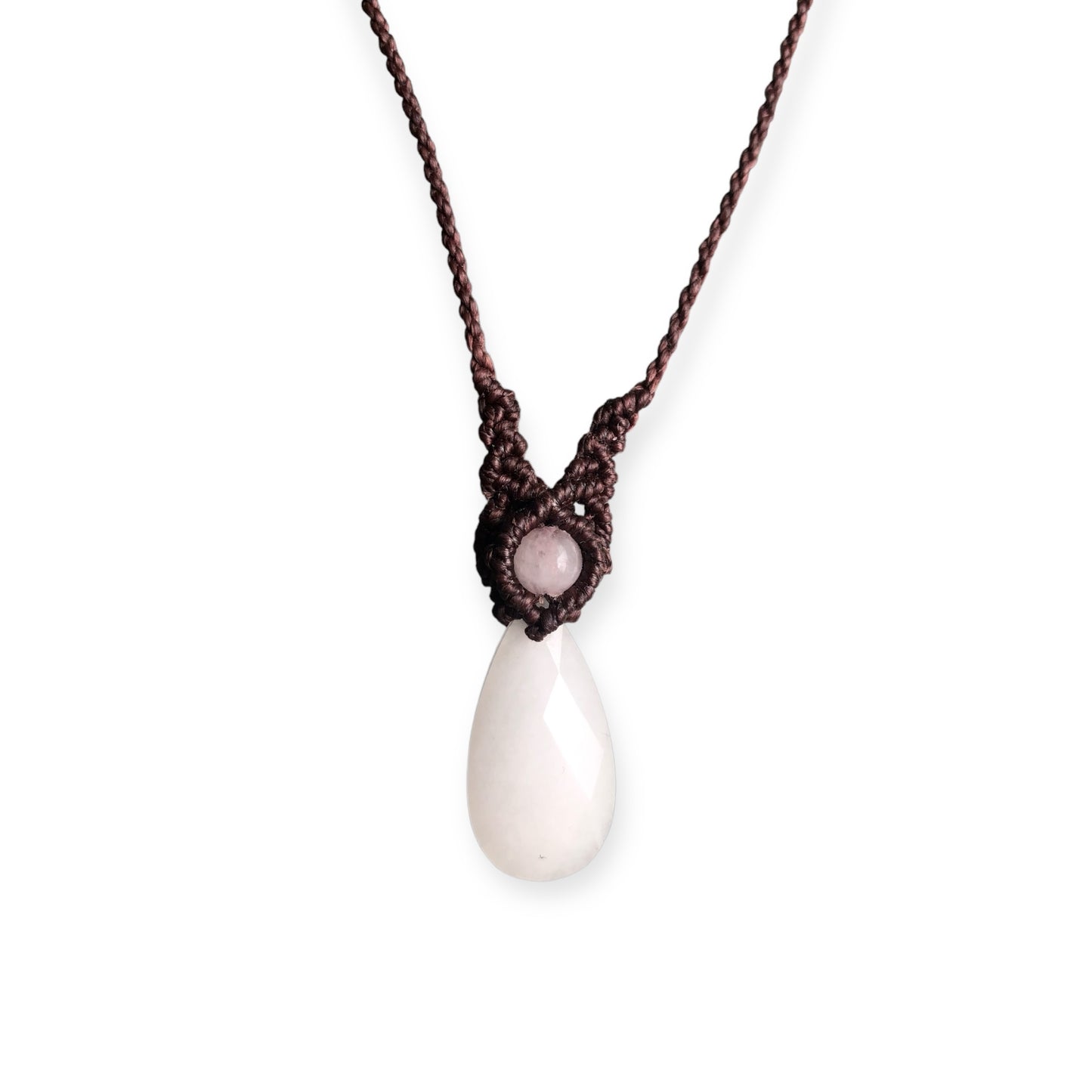 White Jade & Rose Quartz Macrame Necklace Brown