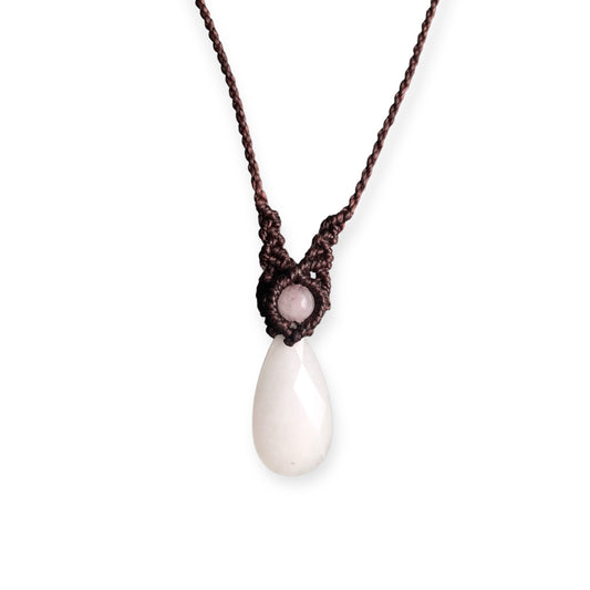 White Jade & Rose Quartz Macrame Necklace Brown
