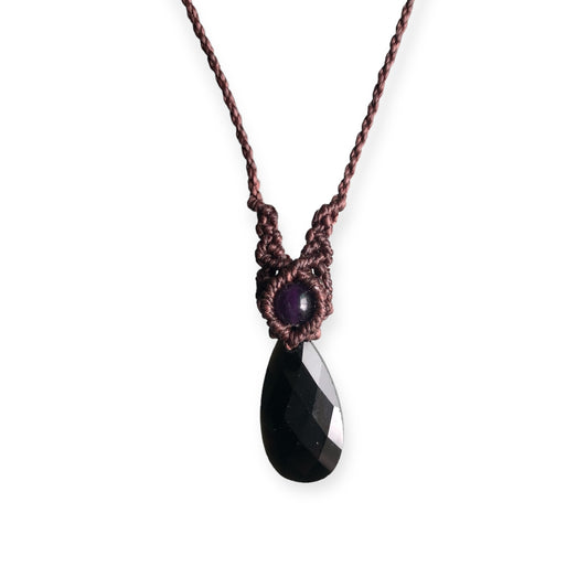 Onyx & Amethyst Macrame Necklace Brown