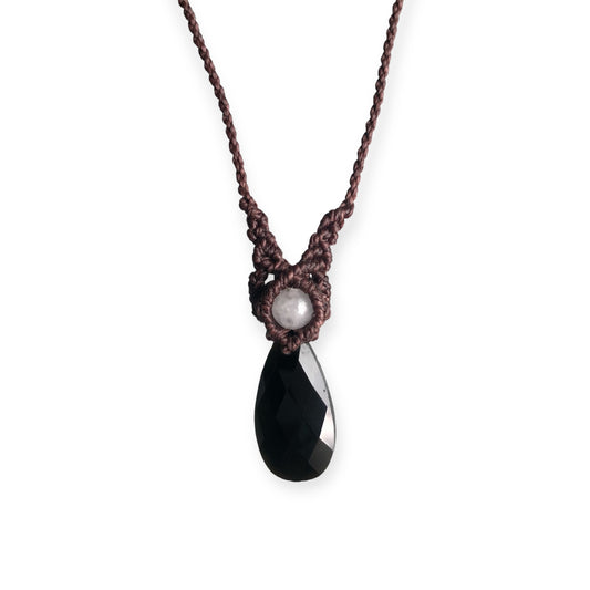 Onyx & White Jade Macrame Necklace Brown