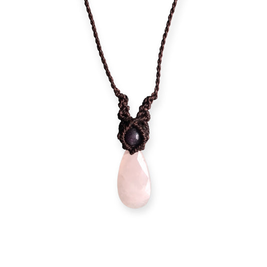 Rose Quartz & Amethyst Macrame Necklace Brown