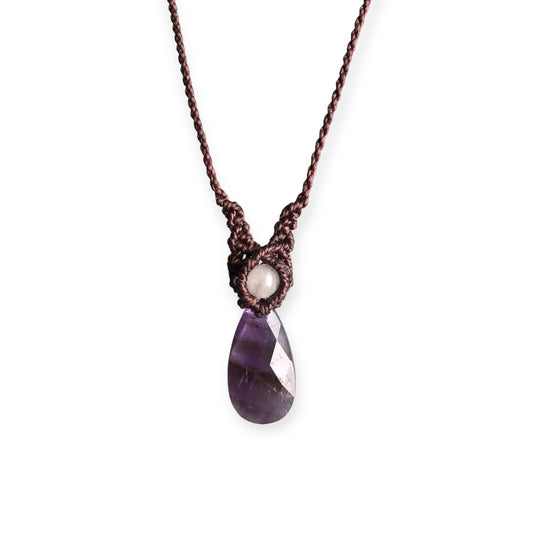 Amethyst & White Jade Macrame Necklace Brown