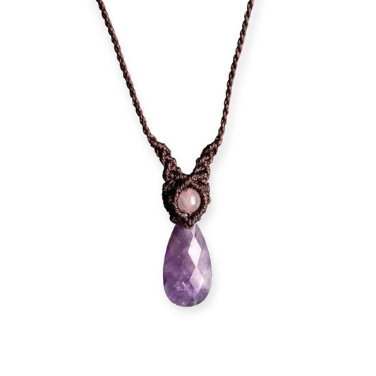 Amethyst & Rose Quartz Macrame Necklace Brown