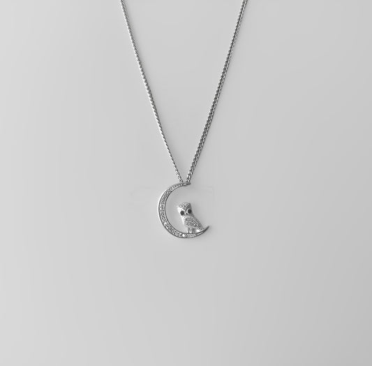 Silver Pendant Moon With Owl