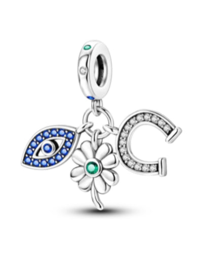 Evil Eye Flower Horse Shoe Triple Charm