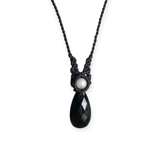 Onyx & White Jade Macrame Necklace