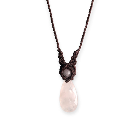 Rose Quartz Macrame Necklace Brown